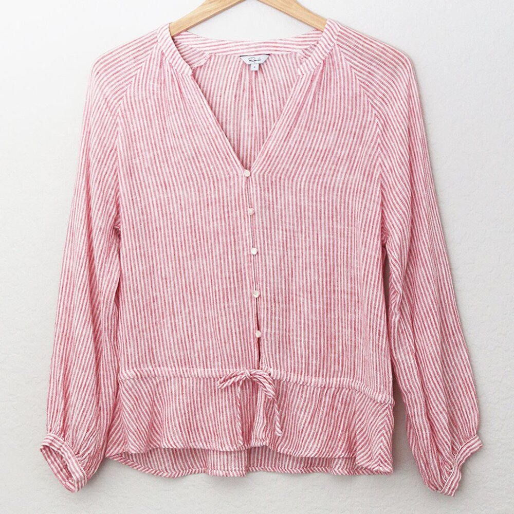 Rails Marti Scarlet Stripe Blouse S Linen Blend V Neck Tie Waist Coastal $158 - Picture 3 of 15